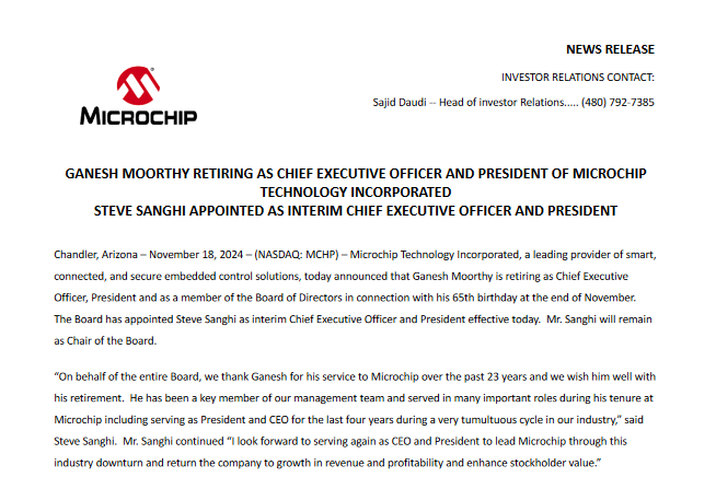 销售低迷：微芯科技CEO Ganesh Moorthy退休，Steve Sanghi回归