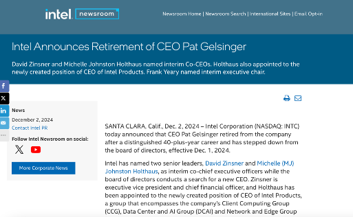 英特尔开始从外部寻找新CEO：陈立武等在候选名单上