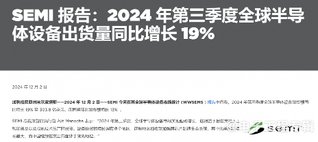 2024Q3全球半导体设备出货额303.8亿美元，中国大陆占比超三成